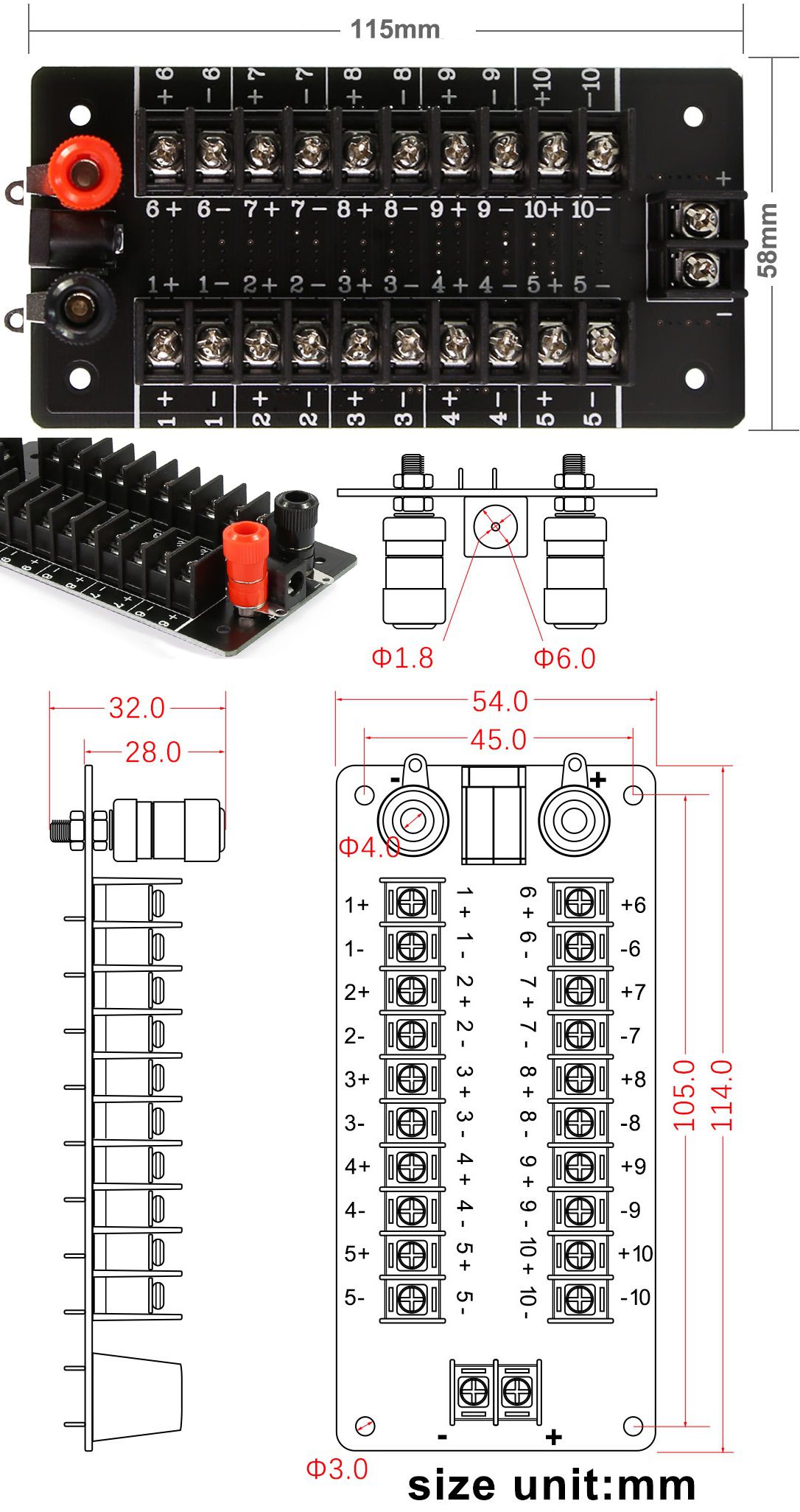 Placa terminales bornas 2x10-20Amp